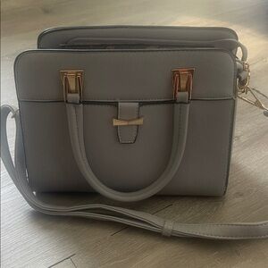 Gray Structured Satchel Handbag with Gold Accents